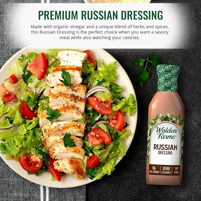 Walden Farms Russian Dressing – Calorie-Free, Gluten-Free, Low Carb, Keto-Friendly, Sugar-Free, Fat-Free, Dairy-Free Sweet & Tangy Russian Flavor – 6-Pack, 12 oz Bottles