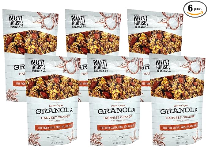 NutHouse! Granola Company - Premium Harvest Orange Granola | Certified Gluten-Free, Non-GMO, Kosher | Vegan, Soy-Free | 12 oz. Bag (6-Pack)