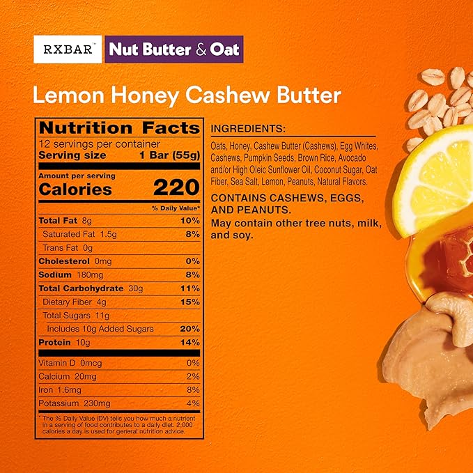 RXBAR Nut Butter and Oat Protein Bars, Protein Snacks, Snack Bars, Lemon Honey Cashew Butter (30 Bars)