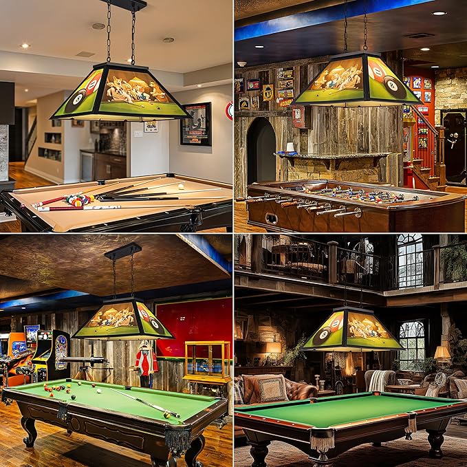 Wellmet Tiffany Pool Table Light, Dogs Playing Billiards Lights for 7' 8' Pool Table, 2 Lights Billiard Fixture Hanging Pendant Lamp for Snooker Table, Cabin, Game Room, Men's Cave, Dining Room