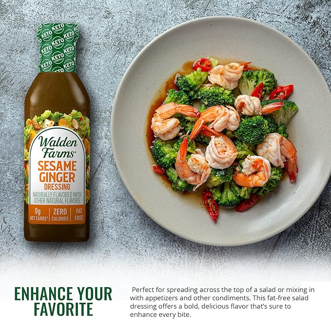 Walden Farms Sesame Ginger Dressing – Calorie-Free, Gluten-Free, Low Carb, Keto-Friendly, Sugar-Free, Fat-Free, Dairy-Free Savory Sesame Ginger Flavor – 12 oz Bottle