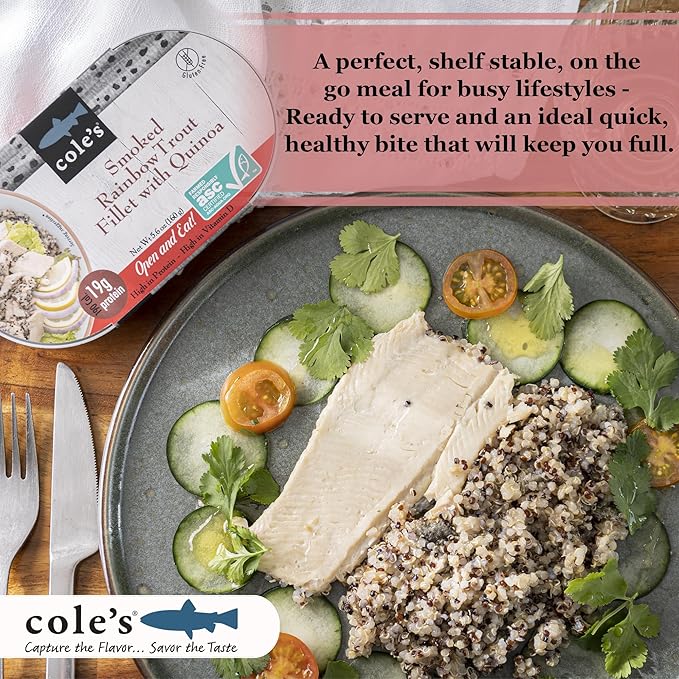 COLE’S - Smoked Rainbow Trout Fillet with Quinoa | Open & Ready to Eat Meal | 5.6 oz Canned & Hand-Packed | 19g Protein | High in Vitamin D | 1 unit