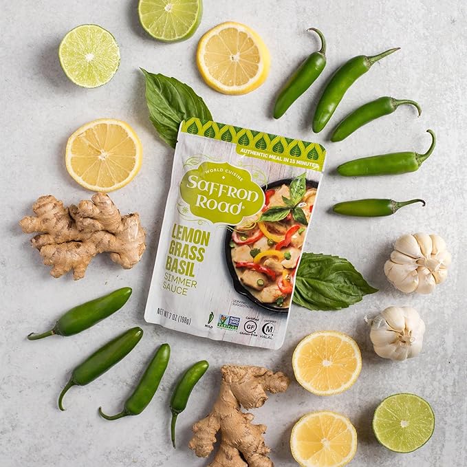 Saffron Road Simmer Sauce Variety Pack | Tikka Masala, Lemongrass Basil, Coconut Curry, and Sweet & Sour | Vegetarian, Non-GMO, Halal, and Kosher | 7.0oz Pouch | Pack of 4