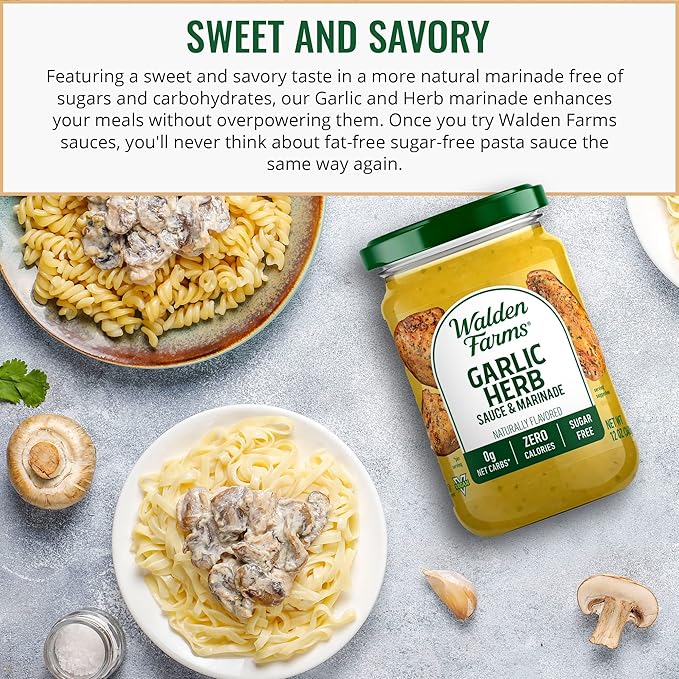 Walden Farms Garlic Herb Sauce – Zero Calorie, Sugar Free, Keto & No Carb Savory Sauce for Pasta, Veggies, Chicken & More – 2-Pack, 12 oz Bottles