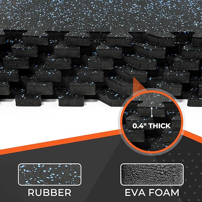 SUPERJARE 0.4 Inch Flooring for Home Gym, 24 Tiles Floor Mat With Heavy Duty Rubber Top, Interlocking Mats, 24" x 24" Workout Exercise Equipment (96 sqft), Black/Blue