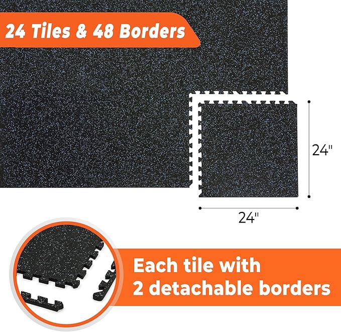 SUPERJARE 0.4 Inch Flooring for Home Gym, 24 Tiles Floor Mat With Heavy Duty Rubber Top, Interlocking Mats, 24" x 24" Workout Exercise Equipment (96 sqft), Black/Blue