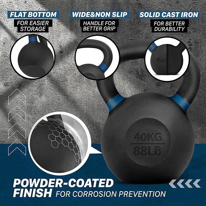 Yes4All Powder Coated Cast Iron Kettlebell Strength Training Kettlebells Weight Set for Full Body Workout, Home Gym