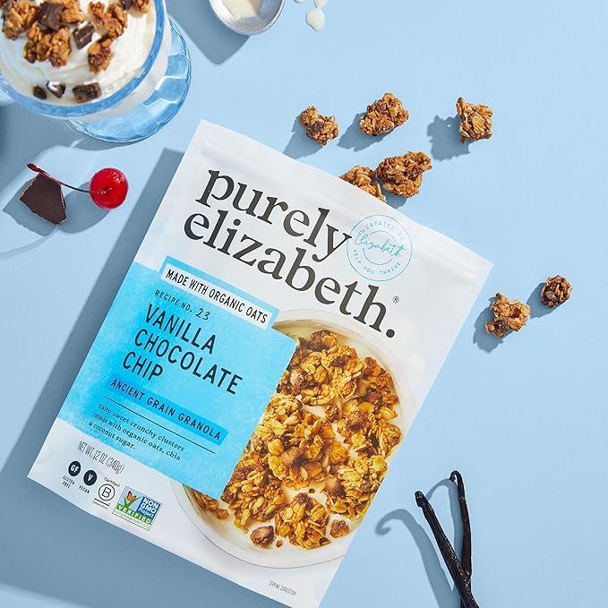 Purely Elizabeth Vanilla Chocolate Chip Granola, Made with Organic Oats and Ancient Grains, Gluten-Free, Non-GMO (3 Ct, 12oz Bags)