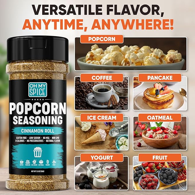 Popcorn Seasoning Buttery Cinnamon Roll Mix - Gluten Free & Low Sodium Cinnamon Powder Blend Popcorn Flavoring Seasoning. Healthy Movie Night Pop Corn Toppings. Sweet Pop Corn Salt Seasonings. 5.5oz