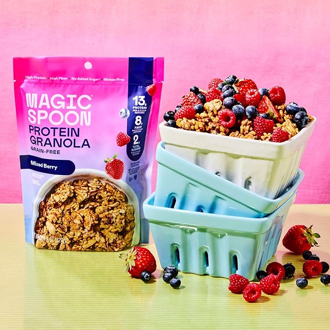 Magic Spoon Protein Granola - High Protein Granola, Keto Friendly, Low Sugar, Grain Free, Healthy Breakfast or Quick Snack (1 bag of each: Mixed Berry, Dark Chocolate Almond)