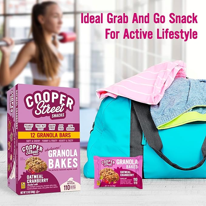 Cooper Street Oatmeal Cranberry Granola Bakes (12 pack) - Individually Wrapped Soft and Chewy Breakfast Granola Bars - Nut, Dairy & Soy Free - Great As Kids Snacks For School, Hiking Or Lunchbreak