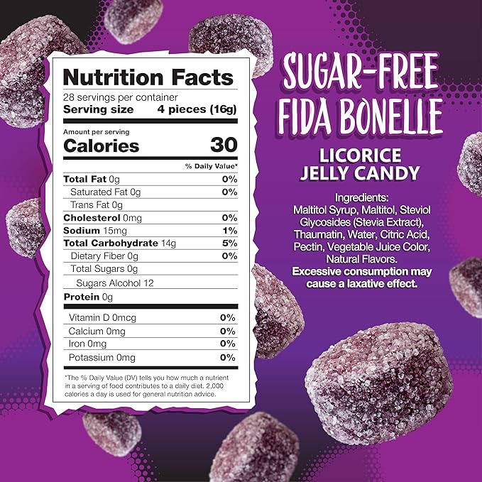 Fida Bonelle Sugar Free Candy | 1 Pound Bag | Black Licorice Jelly Candy Individually Wrapped | Naturally Flavored Dye Free Candies | Italian Gourmet Licorice