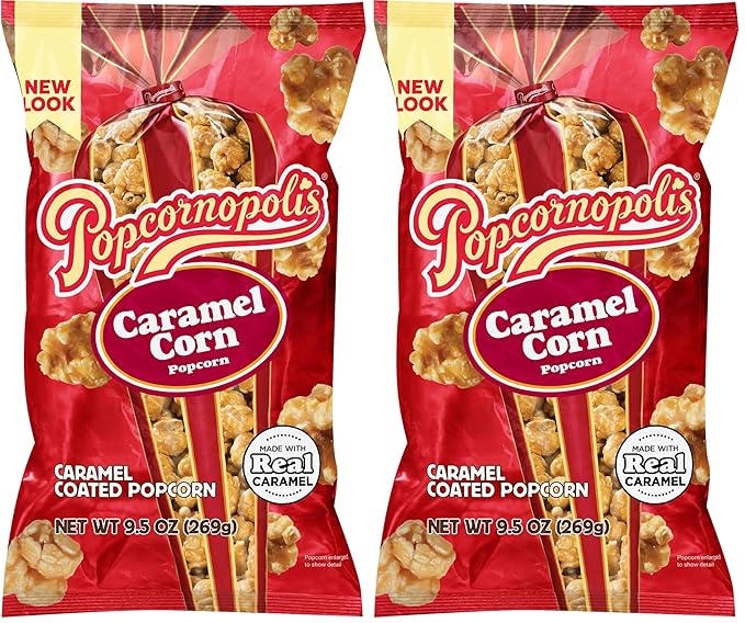 Popcornopolis Gourmet Caramel Corn Popcorn, Popped Popcorn Snack Bags 9.5 Oz (Pack of 2)