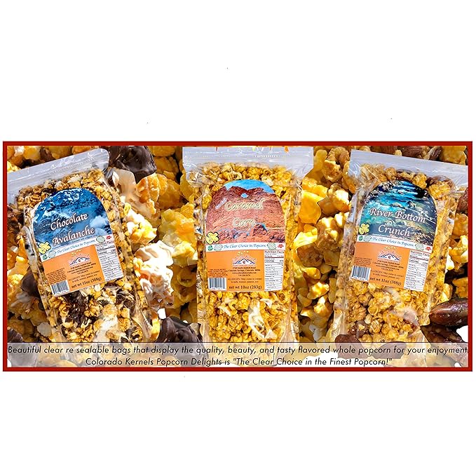 Popcorn by Colorado Kernels Popcorn Delights | 3.5 Gal CELEBRATE COLORADO MOUNTAINS Bucket | 6 lg resealable bags | Kettle Corn, Cheddar Cheese, Caramel Corn,Chocolate, Almonds/Pecans, Buffalo Ranch