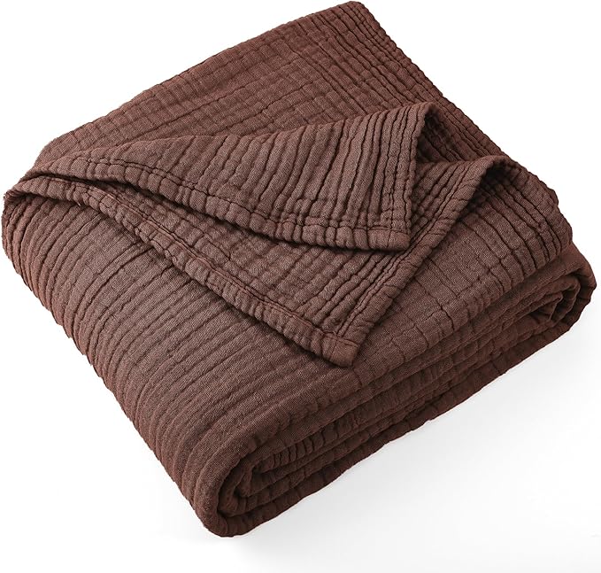 Carriediosa 100% Cotton Muslin Throw Blanket 70" X 80" Twin Size，4-Layers Summer Gauze Throws for Bed Couch，Soft Lightweight Breathable Linen Blankets Bedspread for Adults All Season，Dark Brown