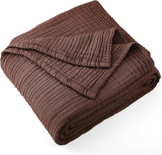 Carriediosa 100% Cotton Muslin Throw Blanket 90" X 90" Queen Size，4-Layers Summer Gauze Throws for Bed Couch，Soft Lightweight Breathable Linen Blankets Bedspread for Adults All Season，Dark Brown