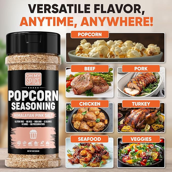 Popcorn Seasoning Himalayan Pink Salt Mix - Gluten Free Popcorn Flavoring Seasoning Rock Salt. All Purpose Pink Salt Toppings. Healthy Movie Night Theater Pop Corn Seasonings. Himalayan Pop Corn 7.7oz