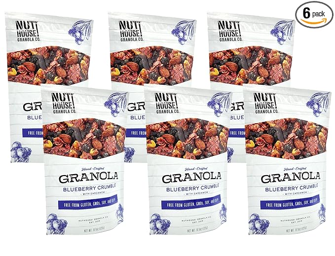 NutHouse! Granola Company - Premium Blueberry Crumble Granola | Certified Gluten-Free, Non-GMO, Kosher | Vegan, Soy-Free | 11.5 oz. Bag (6-Pack)