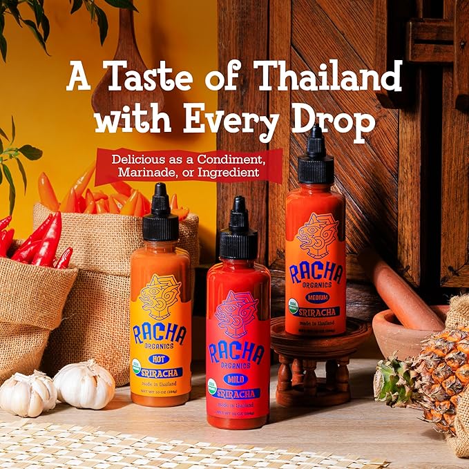 Racha Organics Medium Heat Sriracha Hot Sauce - USDA Organic Sriracha Sauce Made with Estate-Grown Thai Chili Peppers - Low-Sugar, Non-GMO, Gluten Free, Keto Friendly - 10oz - Made in Thailand