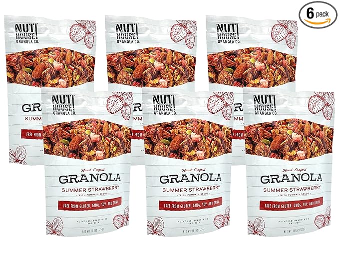 NutHouse! Granola Company - Premium Summer Strawberry Granola | Certified Gluten-Free, Non-GMO, Kosher | Vegan, Soy-Free | 11.5 oz. Bag (6-Pack)