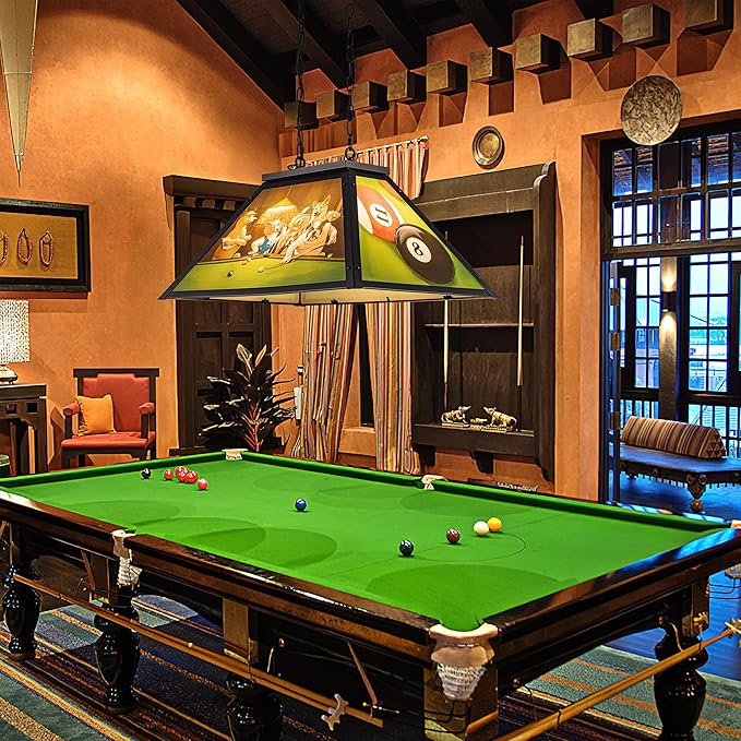 Wellmet Tiffany Pool Table Light, Dogs Playing Billiards Lights for 7' 8' Pool Table, 2 Lights Billiard Fixture Hanging Pendant Lamp for Snooker Table, Cabin, Game Room, Men's Cave, Dining Room