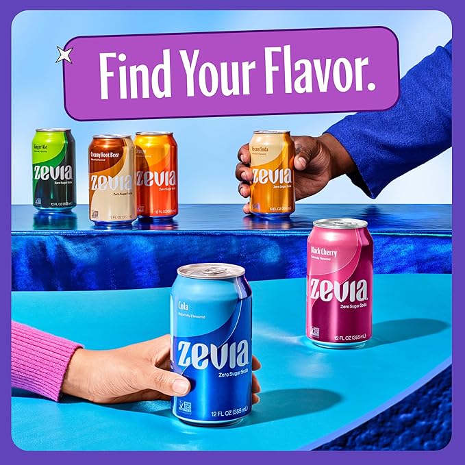 Zevia Zero Sugar Soda, Grape, 12 oz Cans (24-Pack) – Naturally Sweetened, Zero Calorie Sugar Free Soda - Non-GMO Project Verified, Gluten-Free, Vegan