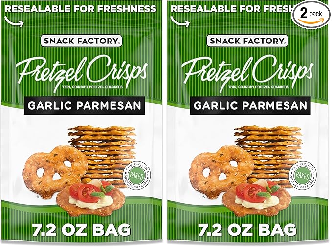 Snack Factory Garlic Parmesan Pretzel Crisps, 7.2 OZ Resealable Bag (Pack of 2)