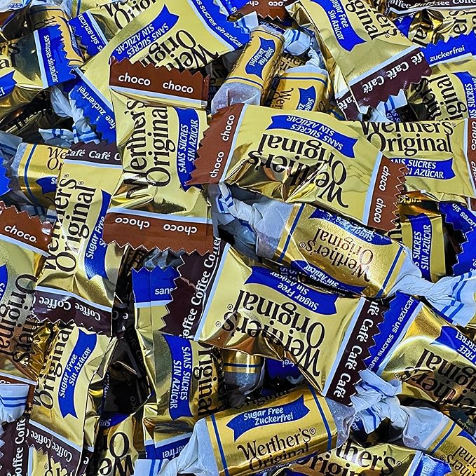 Werther's Original Premium Sugar Free Hard & Soft Chewy 4 Flavors Assortment 1-Lb Creamy Caramel, Rich Chocolate, Smooth Coffee Hard Candies And Soft Caramel Chews, Keto And Diabetic Friendly Individually Wrapped Variety Pack (16oz)