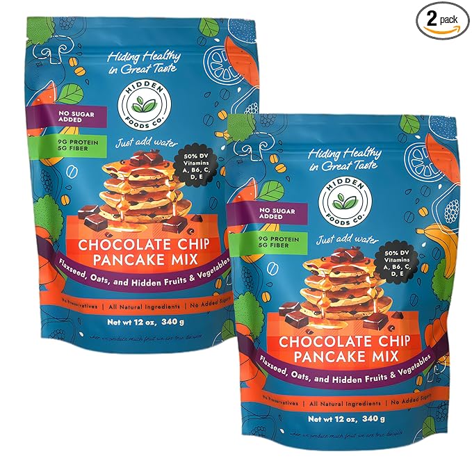 Hidden Foods Chocolate Pancake Mix with Monk Fruit – Chocolate Chip Pancakes Perfect Breakfast - Fiber and Protein Choco Pancake Mix with Wheat & Oat Flour Blend of Vegetables - Waffle Mix 2 Pack