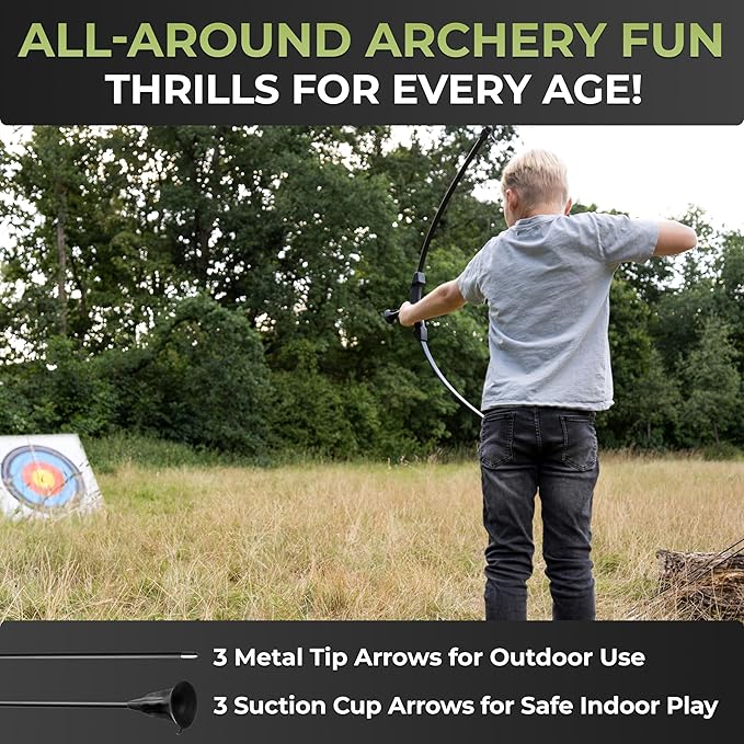 BOWRILLA® Bow and Arrow for Kids | Beginners Archery Set with 6 Arrows, Ideal for Kids & Teens 8 to 15 Years | 3-Piece Take-Down Recurve Youth Bow and Arrow Set, Perfect for Left & Right Handers