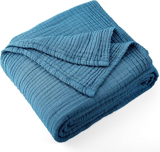 Carriediosa 100% Cotton Muslin Throw Blanket 108" X 90" King Size，4-Layers Summer Gauze Throws for Bed Couch，Soft Lightweight Breathable Linen Blankets Bedspread for Adults All Season，Dusty Blue