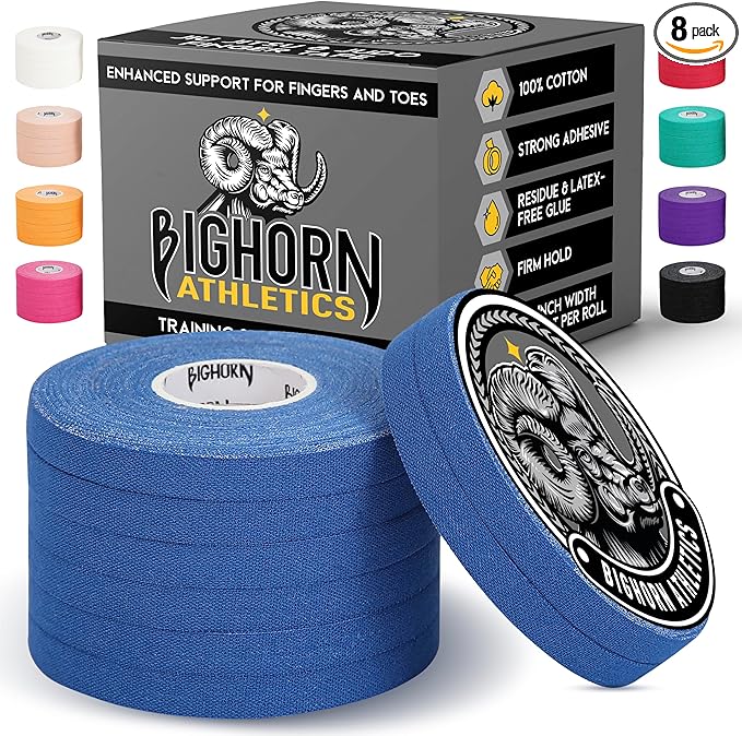 Bighorn Athletics Jiu Jitsu Finger Tape | Residue-Free Athletic Finger Tape for Sports & Injuries: Rock Climbing, Volleyball, Football, Basketball, Hands & Toes | 0.3-Inch x 45-feet, 8-Rolls, Blue