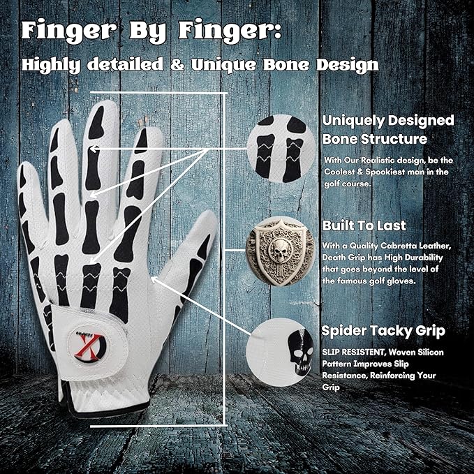 Skeleton Golf Gloves for Men 2 Pack – 100% AAA Synthetic Tacky Leather - Spooky & Funny Golf Gloves for Men – Tacky & Cool Golf Glove - Perfect for Summer & Fall Golfing