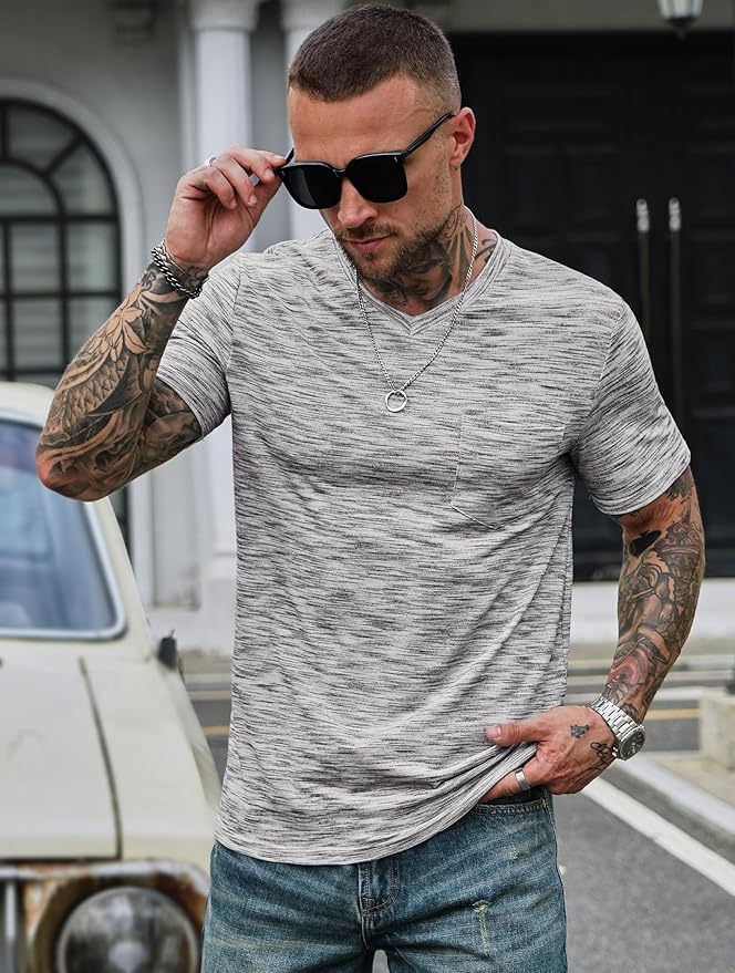 Men's V Neck T Shirts Casual Stylish Fitted Stretch Tee Shirt with Pocket (S-3XL)