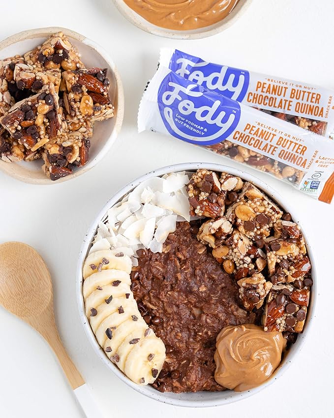 Fody Foods Snack Bars, Peanut Butter Chocolate Quinoa, 1.41 Oz (Pack of 12), 6g Protein, Low FODMAP, Gut & IBS Friendly, Vegan, Lactose Free, Non-GMO, Gluten Free
