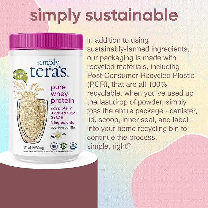 Simply tera's Pure Whey Protein Powder - Vanilla Protein Powder, Grass Fed Whey Protein Powder, Clean Protein Powder Without Artificial Sweeteners, Non-GMO, Kosher, rBGH-Free, Soy-Free - 12 Oz