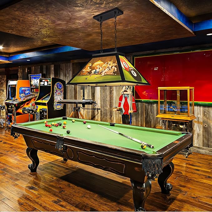 Wellmet Tiffany Pool Table Light, Dogs Playing Billiards Lights for 7' 8' Pool Table, 2 Lights Billiard Fixture Hanging Pendant Lamp for Snooker Table, Cabin, Game Room, Men's Cave, Dining Room