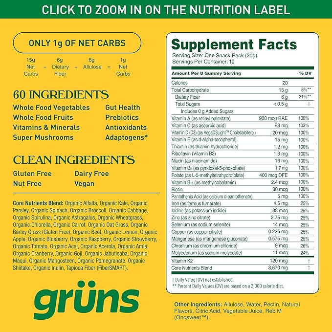 Gruns Sugar-Free Super Greens Gummies, Multivitamin Superfood Gummy Bears, Spirulina, Chlorella, Prebiotics & Fiber gummies for Digestive Health, Adaptogens Supplement, 20 Vitamins & Minerals, 10 pack