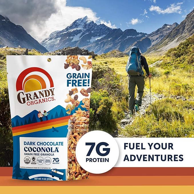 Grandy Organics Dark Chocolate Coconola Granola, Certified Organic Gluten Free Granola, Grain Free, Chocolate Flavored Coconola, Kosher Certified, Paleo Friendly, 9oz Each, Pack of 3