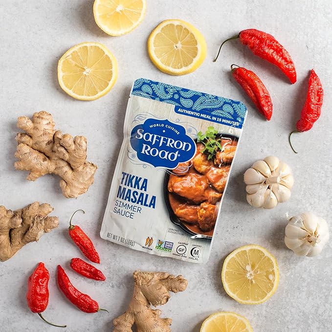 Saffron Road Simmer Sauce Variety Pack | Tikka Masala, Lemongrass Basil, Coconut Curry, and Sweet & Sour | Vegetarian, Non-GMO, Halal, and Kosher | 7.0oz Pouch | Pack of 4