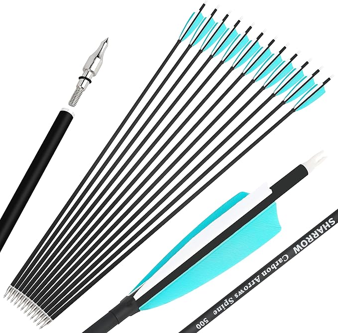 ZSHJGJR 30 Inch Archery Carbon Arrows Hunting Arrows with 4” Turkey Feather Target Practice Arrows Spine 500 for Compound & Recurve &Traditional Bow 6/12pcs