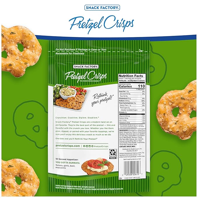 Snack Factory Garlic Parmesan Pretzel Crisps, 7.2 OZ Resealable Bag (Pack of 2)