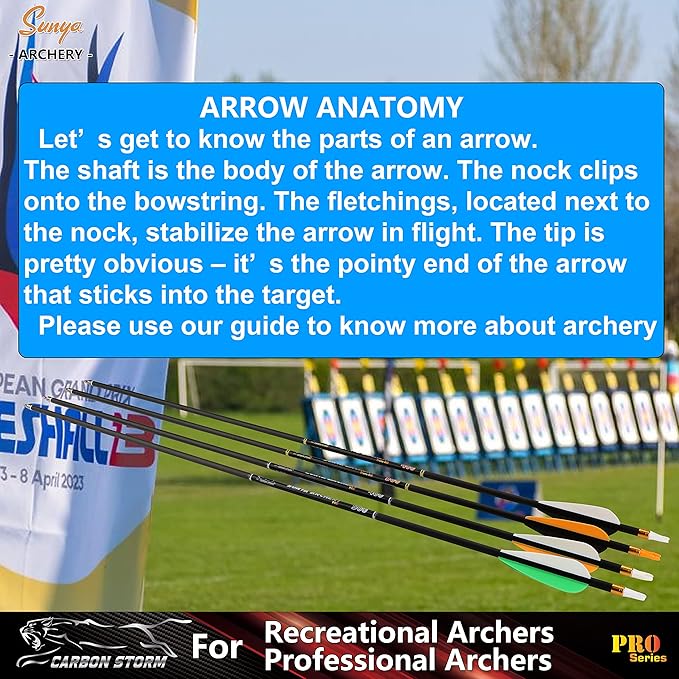 SUNYA 12-Pack 30 Inch Carbon Arrows Spine 500 or 400 for 40-60 LBS Bows｜Switch to Recurve/Compound Modes, Anti-Loose O-Ring & TPU Vanes for Hunting/Target Practice