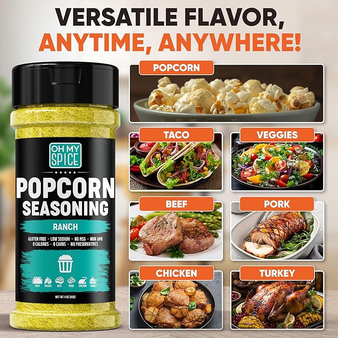 Popcorn Seasoning Ranch Seasoning Powder Mix - Gluten Free & Low Sodium Popcorn Flavoring Seasonings Ranch Powder Flavor. Healthy Movie Theater Dry Pop Corn Toppings. Pop Corn Salt Seasonings. 4oz