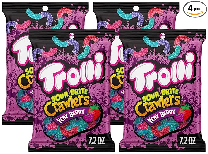 Trolli Sour Brite Crawlers Candy, Very Berry Flavored Sour Gummy Worms, 7.2 Ounce (Pack of 4)