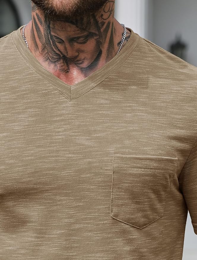 Men's V Neck T Shirts Casual Stylish Fitted Stretch Tee Shirt with Pocket (S-3XL)