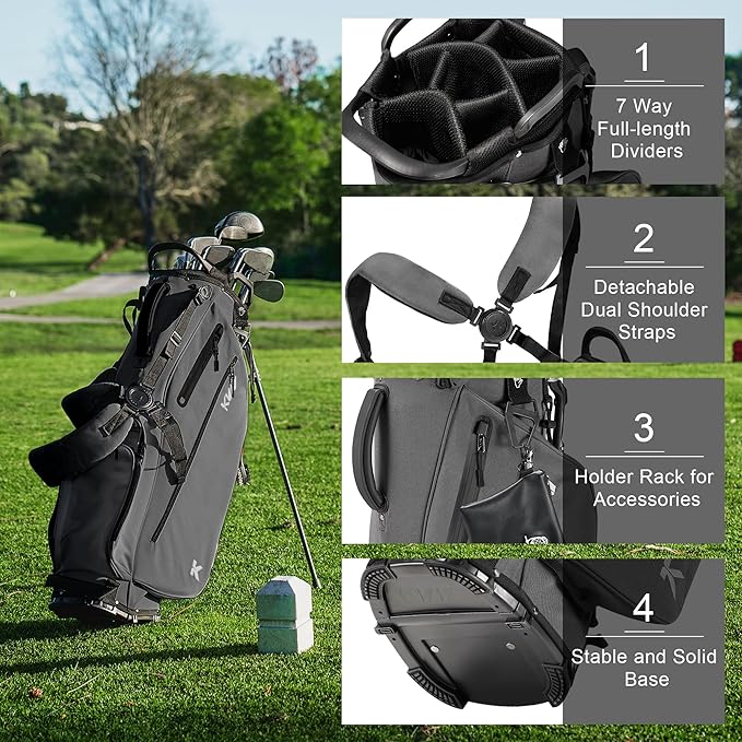 KVV Lightweight Golf Stand Bag with 7 Way Full-Length Dividers, 5 Zippered Pockets, Automatically Adjustable Dual Straps，Elegant Design