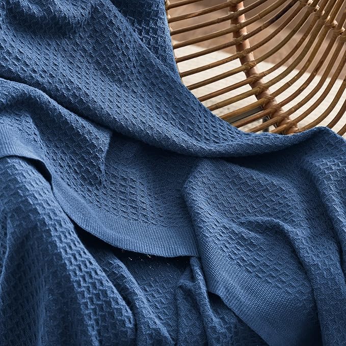 Bedsure 100% Cotton Blanket King Size for Bed - Breathable and Soft, Waffle Weave Blanket for Summer, Thick Cozy Fall Blankets for Women Gift, Navy, 104x90 inches