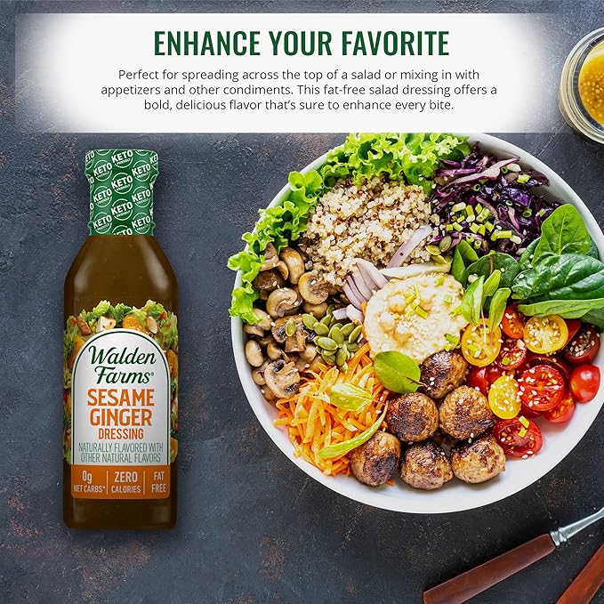 Walden Farms Sesame Ginger Dressing – Calorie-Free, Gluten-Free, Low Carb, Keto-Friendly, Sugar-Free, Fat-Free, Dairy-Free Savory Sesame Ginger Flavor – 12 oz Bottle