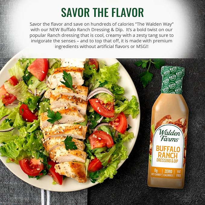 Walden Farms Buffalo Ranch Dressing & Dip – Calorie-Free, Gluten-Free, Low Carb, Keto-Friendly, Sugar-Free, Fat-Free, Dairy-Free Spicy Buffalo Ranch Flavor – 6-Pack, 12 oz Bottles